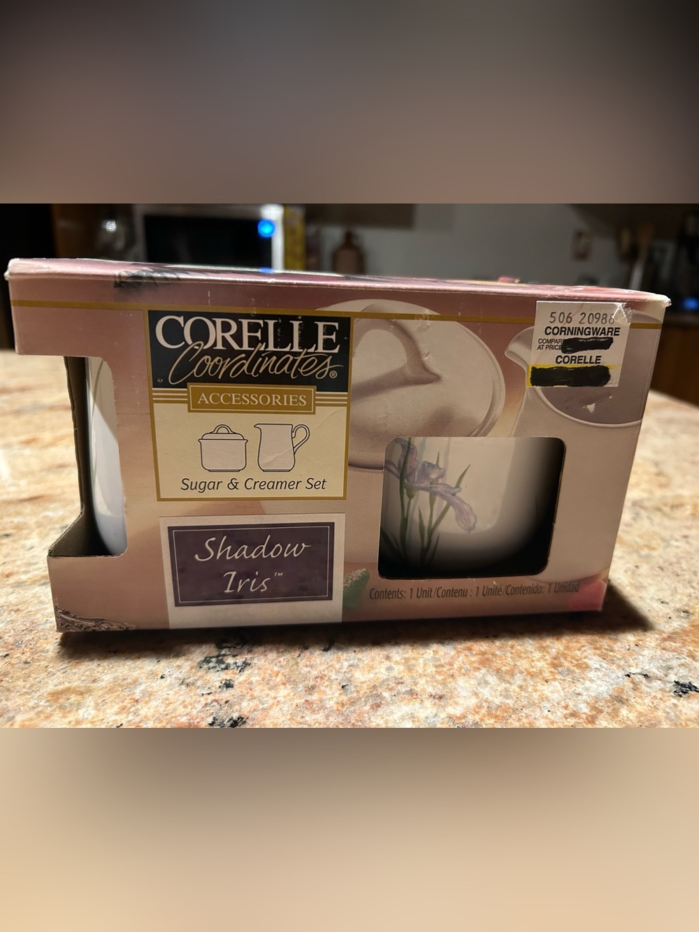 Corelle by Corning NY “Shadow Iris” pattern Sugar & Creamer Set NIB 3 pc set.